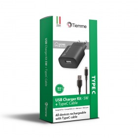 KIT CUBE - CARICA DA RETE 5W+CAVO DA USB A USB-C - NERO