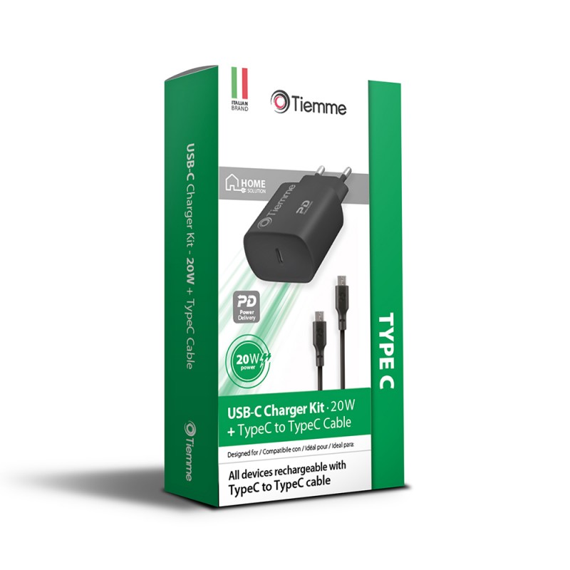 KIT CUBE - CARICA DA RETE 20W + CAVO DA USB-C A USB-C - NERO