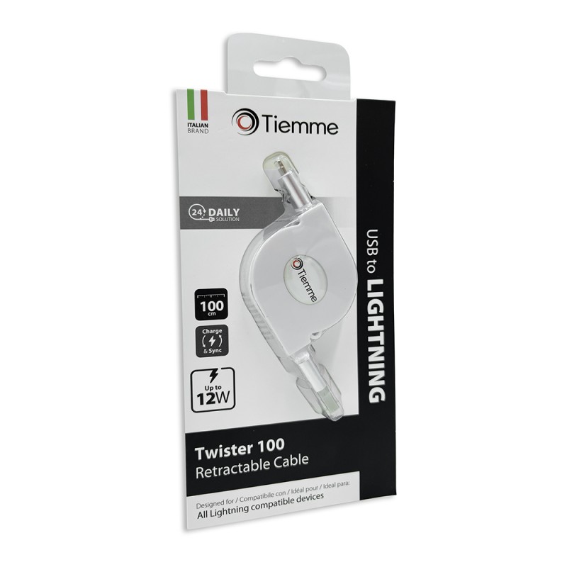 TWISTER 100 - CAVO RETRATTILE 12W USB - LIGHTNING 1 metro - BIANCO