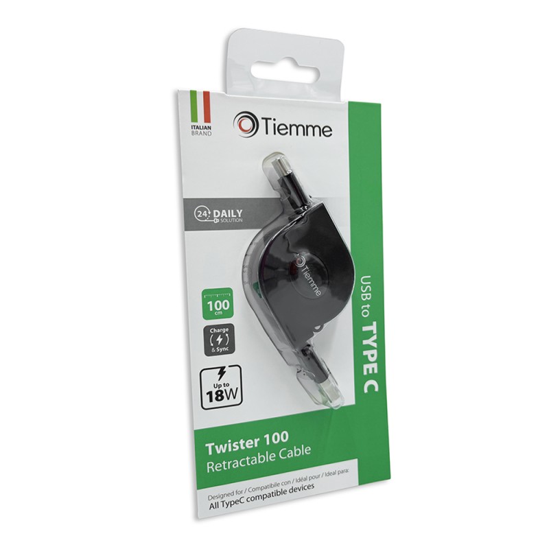 TWISTER 100 - CAVO RETRATTILE 18W USB - USB-C 1 metro - NERO