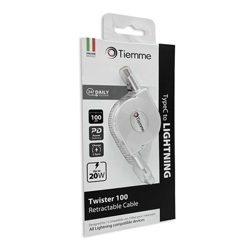 TWISTER 100 - CAVO RETRATTILE 20W USB-C - Lightning 1 metro - BIANCO