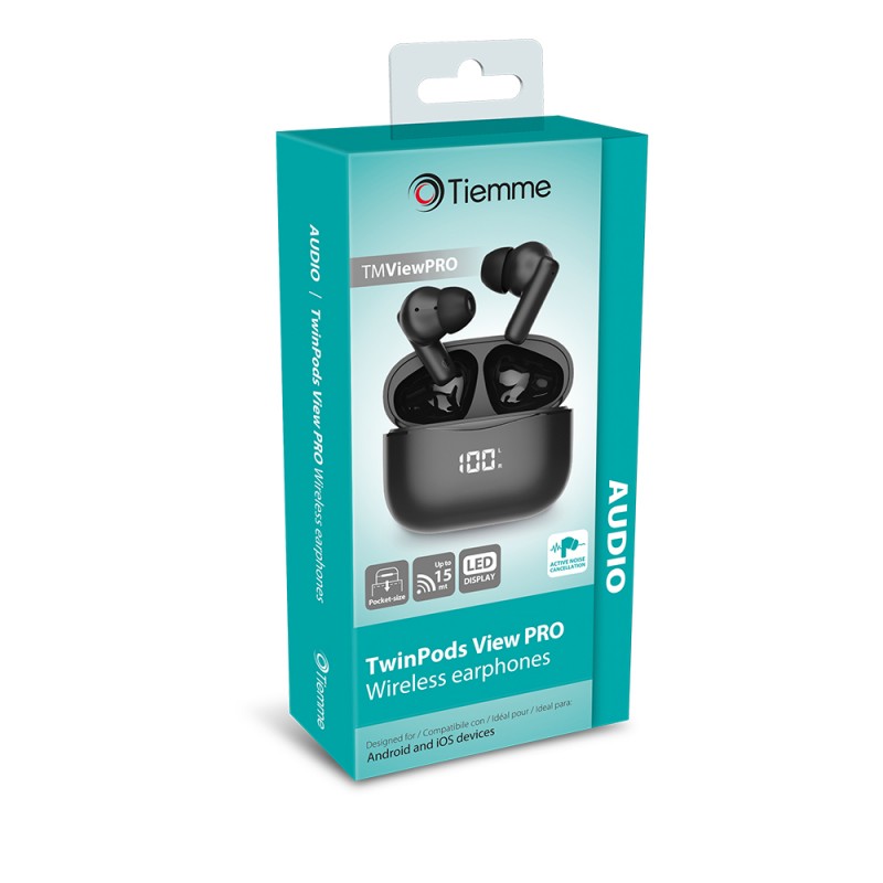 TWINPODS VIEW PRO aricolari wireless con gommini e display NERO