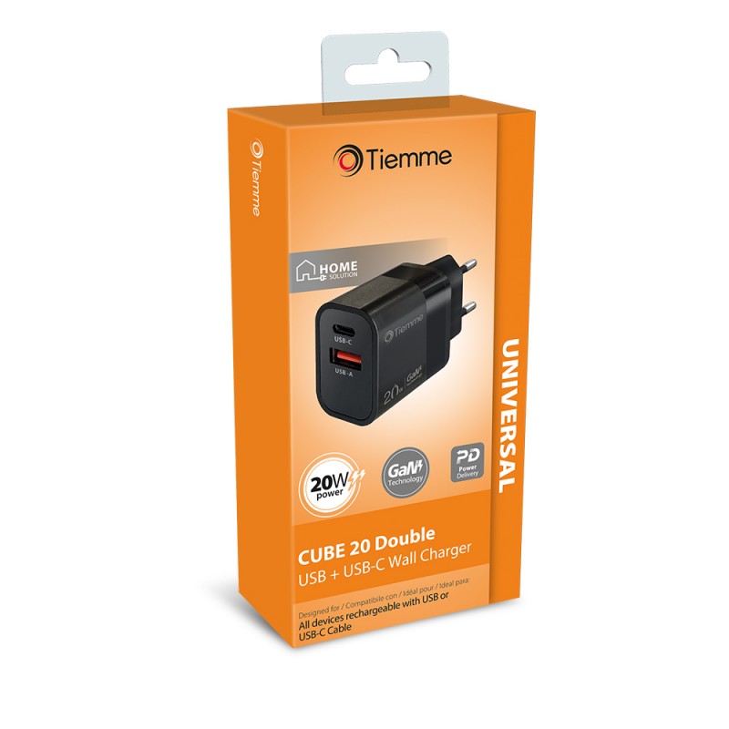 CUBE 20W DOUBLE - CARICA DA RETE POWER DELIVERY USB+USB-C - NERO