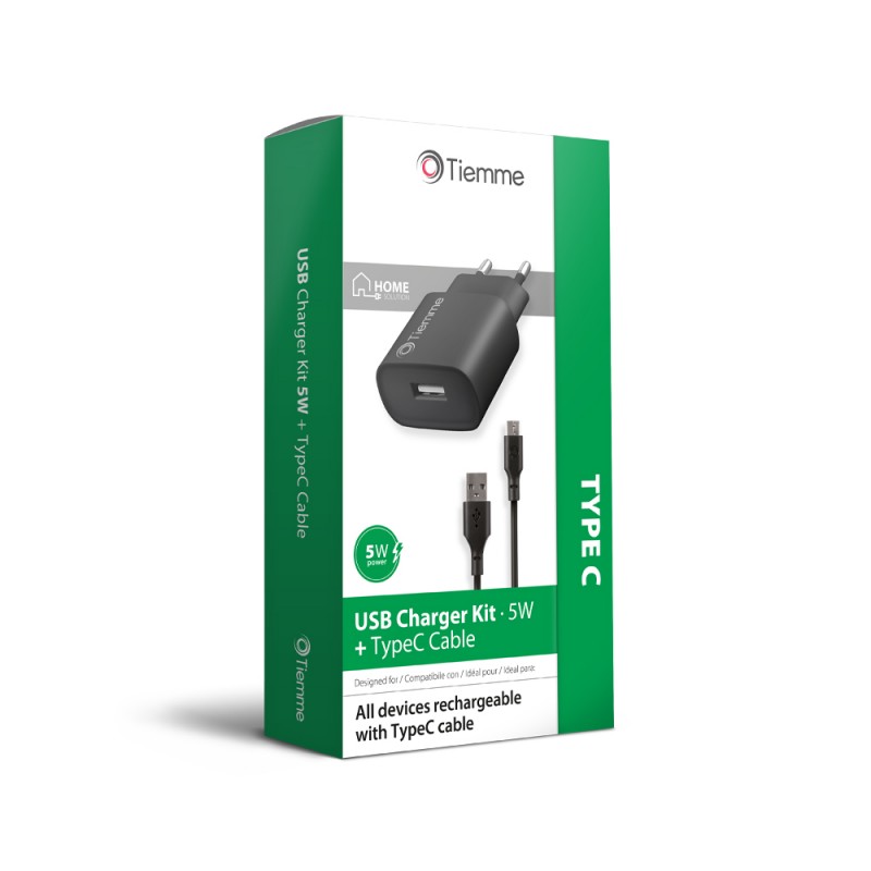 KIT CUBE - CARICA DA RETE 5W+CAVO DA USB A USB-C - NERO