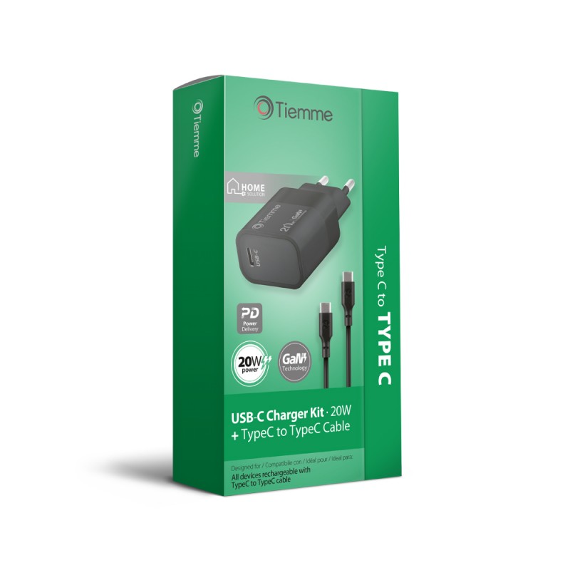 KIT CUBE - CARICA DA RETE 20W + CAVO DA USB-C A USB-C - NERO