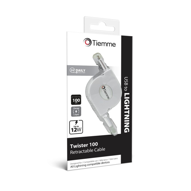 TWISTER 100 - CAVO RETRATTILE 12W USB - LIGHTNING 1 metro - BIANCO