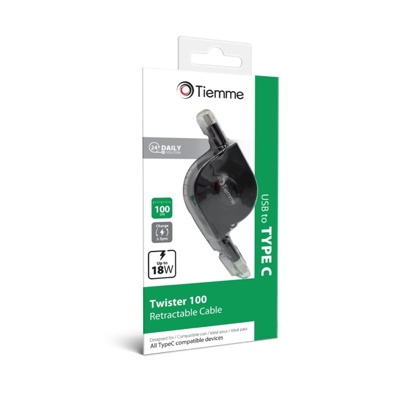 TWISTER 100 - CAVO RETRATTILE 18W USB - USB-C 1 metro - NERO