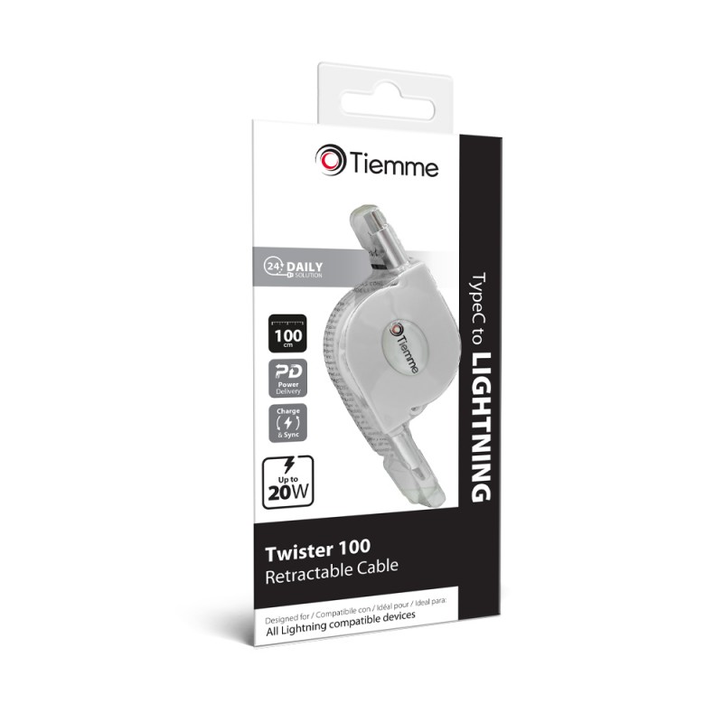 TWISTER 100 - CAVO RETRATTILE 20W USB-C - Lightning 1 metro - BIANCO