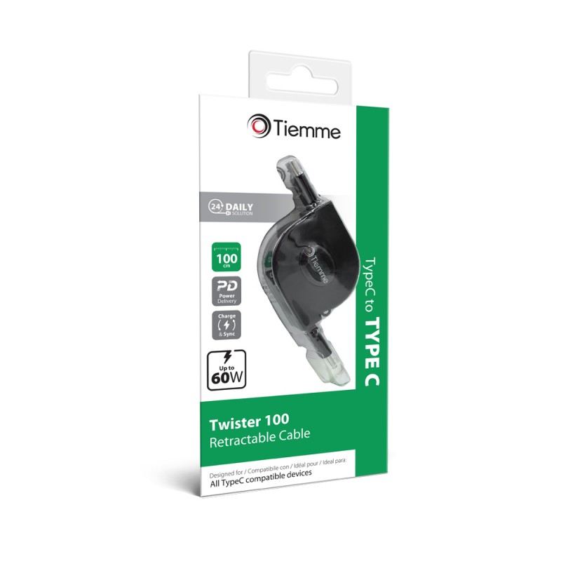 TWISTER 100 - CAVO RETRATTILE 60W USB-C - USB-C 1 metro - NERO
